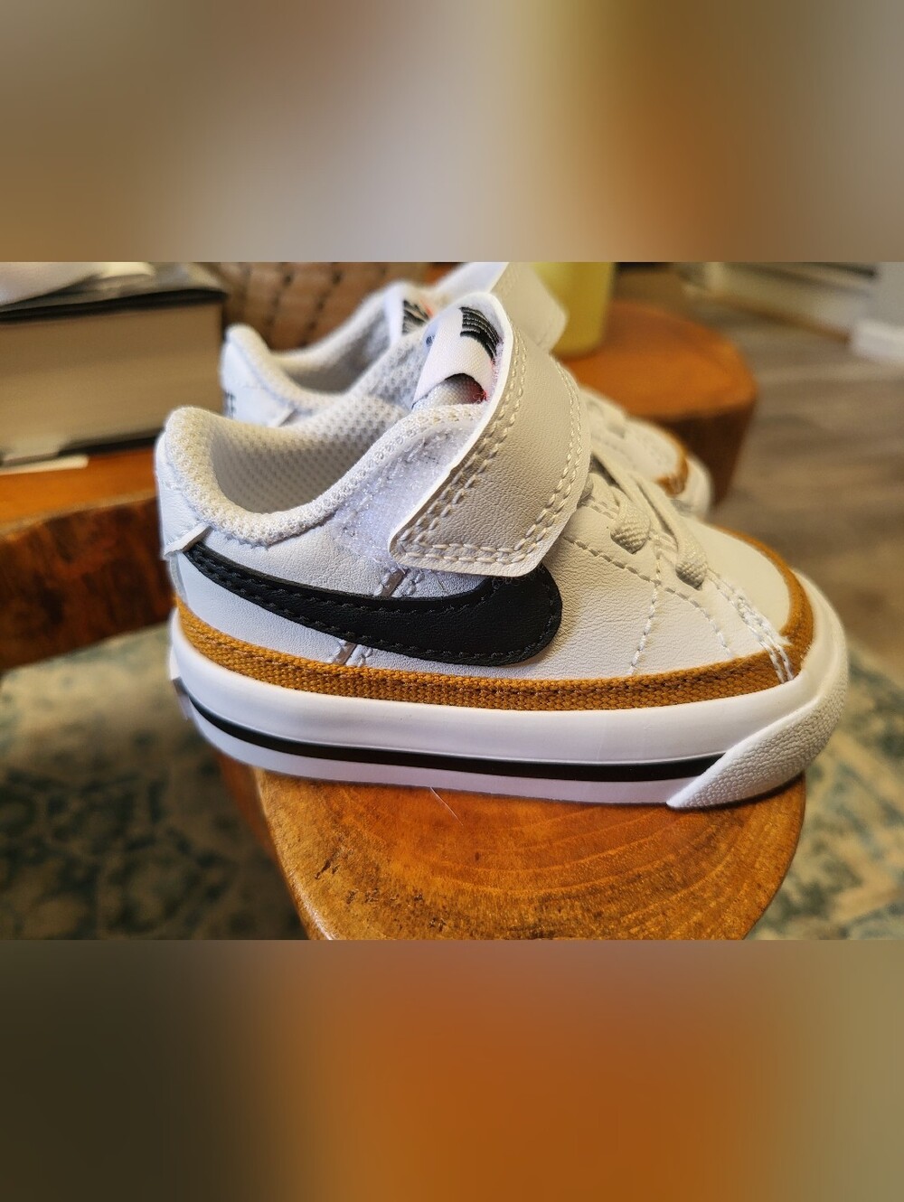 Nikw White Sneaker with Black Swoosh and Brown Accent - Velcro Slip-On